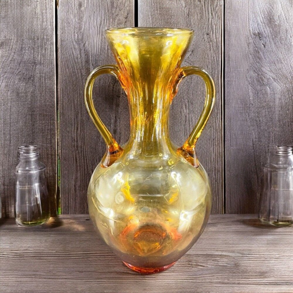 Mid Century Italian Amber Glass Vase Vessel With Handles Optic Swirl Pattern VTG